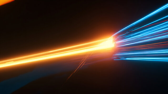 Abstract Orange and Blue Light Streaks Speeding Through Darkness.