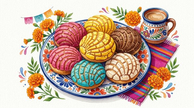Colorful conchas sweet bread pastries talavera plate, cafe de olla mug marigold flowers striped textile, papel picado banner white background. Mexican bakery watercolor theme