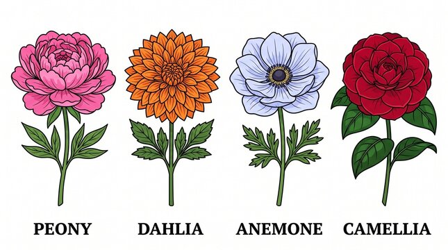 Botanical illustration of four colorful flowers labeled peony dahlia anemone camellia, hand-drawn style, detailed petals, green stems, leaves, white background, educational garden chart, clean composi