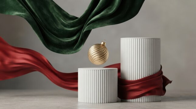 Merry Christmas Elegant white ribbed podiums with flowing green velvet and red satin silk fabric for luxury christmas ornaments display
