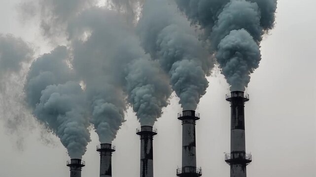 Industrial factory smokestacks releasing heavy smoke into gray sky