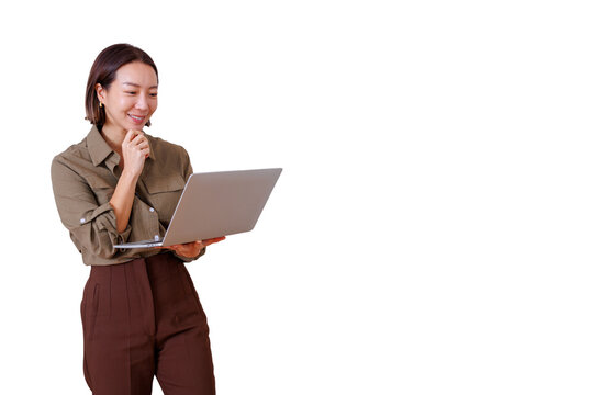 Asian businesswoman thinking, smiling, and working on a laptop. She is wearing casual office attire. Transparent background