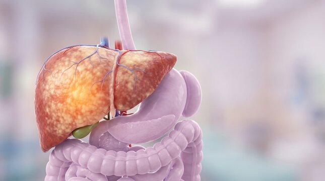 Fatty liver highlighted among digestive organs, 3D medical illustration