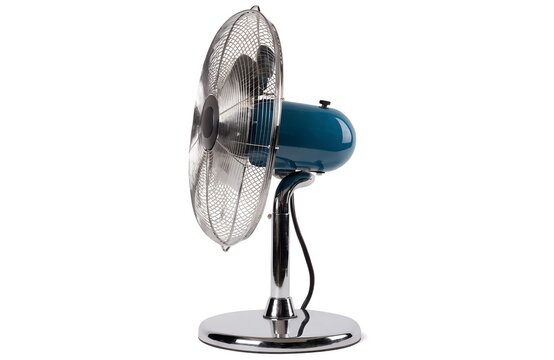 Vintage style electric desk fan with blue metal base and chrome cage