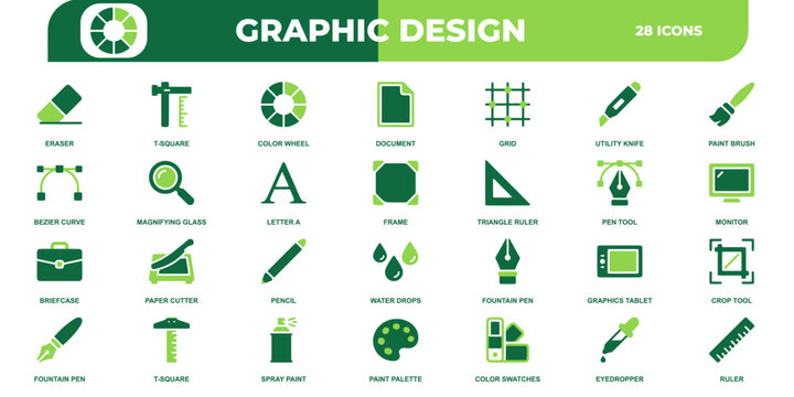 Graphic design professional icon set. Containing eraser, t-square, color wheel, grid, utility knife, brush, bezier, magnifier, letter A, frame, ruler, pen, tablet, crop.