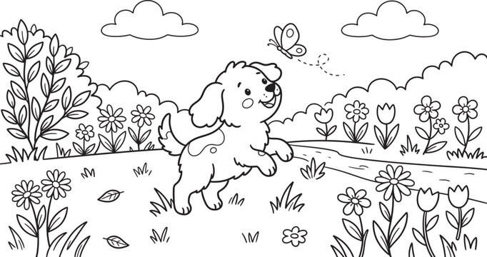 A delightful coloring page featuring an adorable puppy joyfully bounding through a whimsical landscape with flowers and fluffy clouds