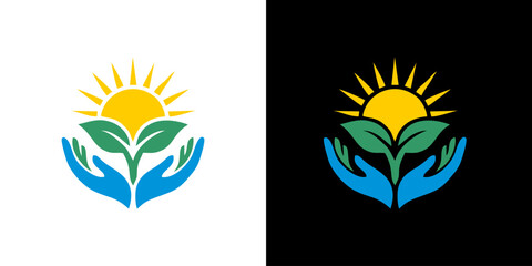 Fototapeta premium Hands protecting a growing green plant under the warm sun, symbolizing ecology, nature, and growth