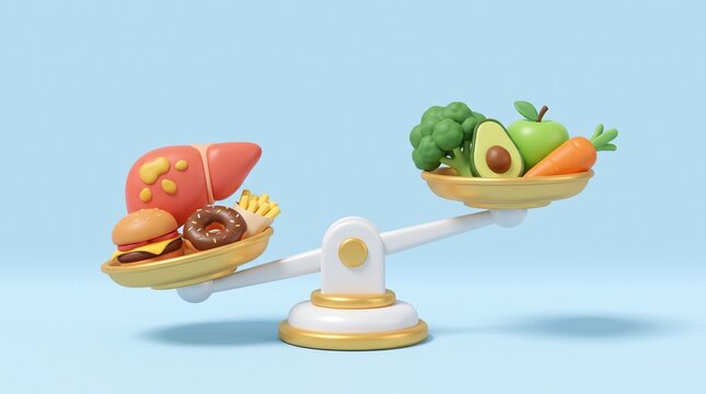 Scale tipped by fatty liver and junk food against healthy produce