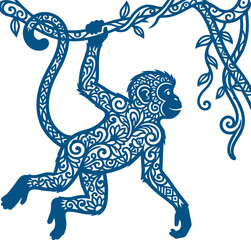 Fototapeta premium Ornamental Hanging Monkey Silhouette Vector Illustration with Intricate Mandala Swirl Patterns for Laser Cutting, Decals, and Wood Crafts