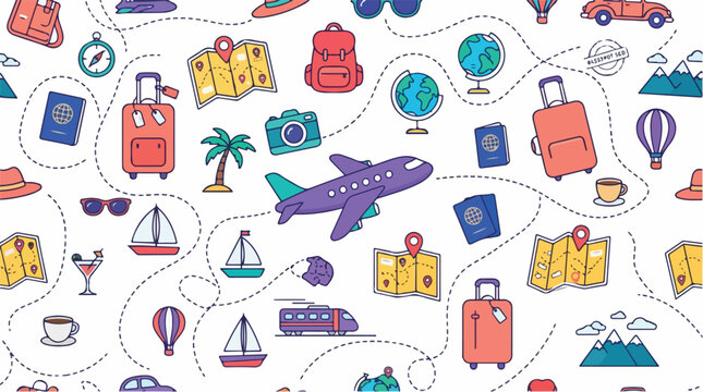 Travel and tourism seamless pattern with plane, suitcase, map, globe and passport line icons