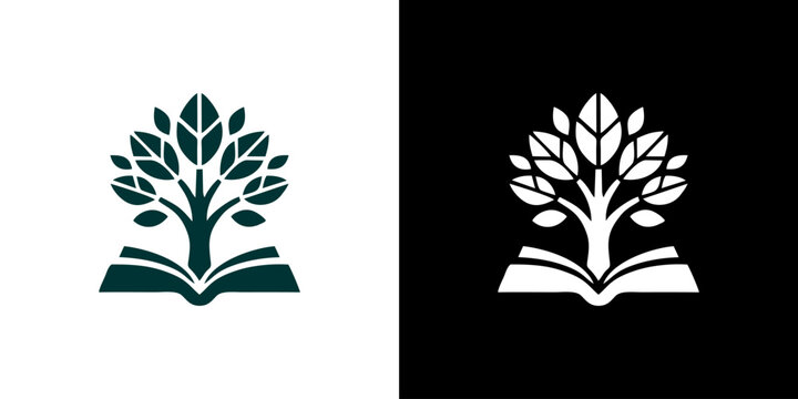 Minimalist tree of knowledge logo design with book and leaves icon set on black and white background