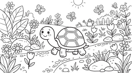 Obraz premium A delightful coloring page featuring a charming turtle exploring a lush garden filled with whimsical plants and enchanting forest creatures