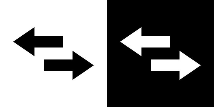 This image is a set of two minimal transfer arrow icons in inverted colors.
On the left, black arrows on a white background point in opposite directions, one left and one right.
On the right, white ar