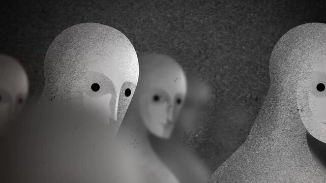 crowd of expressionless npc characters walking without free will