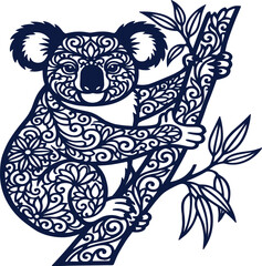 Fototapeta premium Ornamental Koala Bear On Eucalyptus Tree Vector Illustration With Floral Swirls Details Isolated On White Background