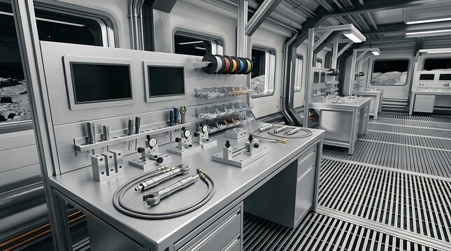 Industrial Control Room with Monitoring Desks and Consoles