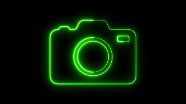 Glowing neon camera animation, digital concept, minimalist green light outline symbol for creative media and tech branding