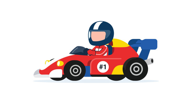 Red formula race car with driver depicted in a flat vector illustration