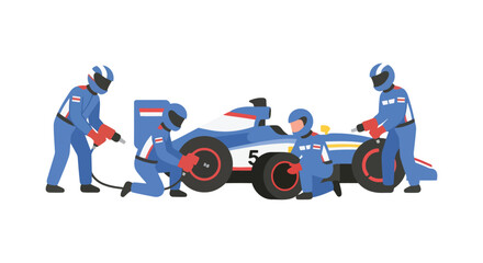 Obraz premium Formula one pit crew working on a race car flat vector illustration