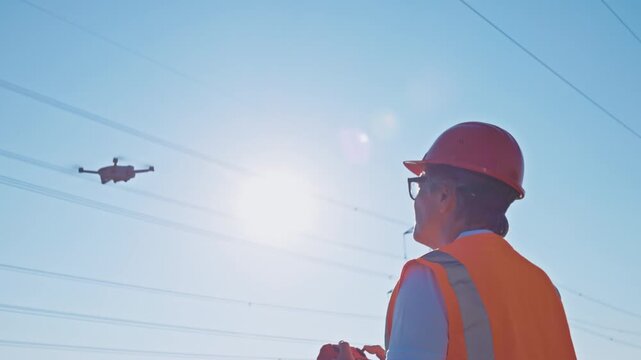 Three maintenance engineers, clad in orange safety vests and helmets, stand on a construction site, observing power lines under the bright sun.