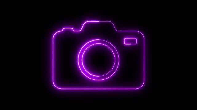 Glowing purple neon camera animation, digital concept, minimalist tech for social media and creation