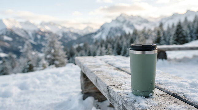 Insulated travel mug on a snow covered wooden bench with winter alpine mountain landscape