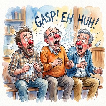 Three Surprised Men Sneezing Loudly With Comic Expressions Gasp Eh Huh