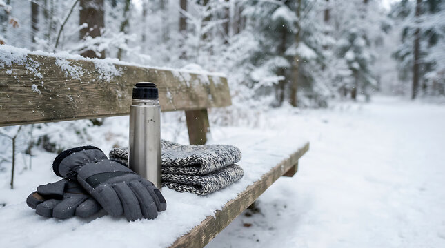 Stainless steel thermos flask with winter gloves and scarf on a snow-covered wooden bench in a scenic forest