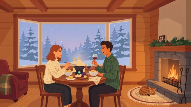 A Cozy Cartoon Couple Enjoying A Romantic Winter Dinner By The Fireplace