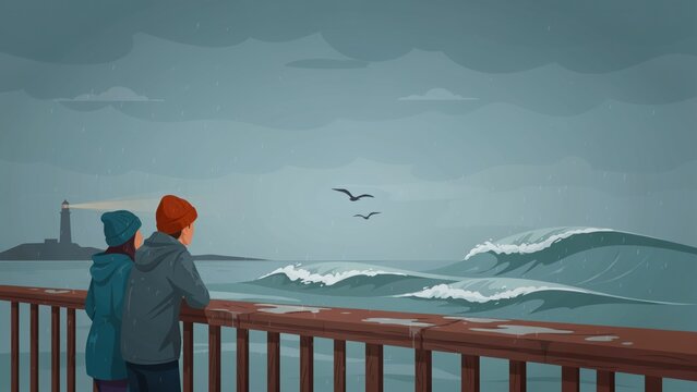 A cute cartoon illustration of a couple watching stormy ocean waves