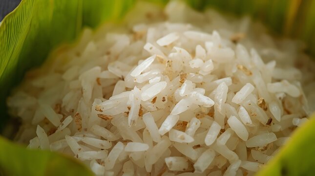 Close-up of traditional Indonesian tapai, a sweet fermented sticky rice wrapped in a fresh green banana leaf