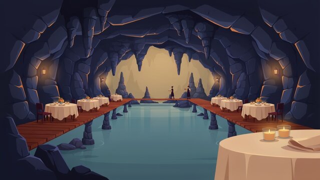 A fantasy underground cave restaurant featuring candlelit tables over water with stalactites in cartoon