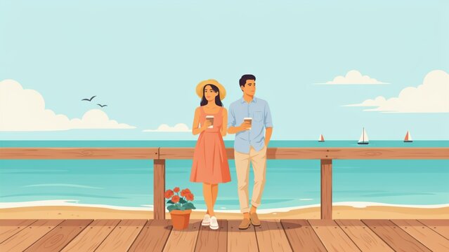 Cartoon couple standing on a wooden pier by the ocean