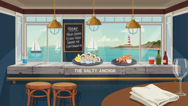 Cozy cartoon seaside seafood restaurant bar with ocean view and lighthouse