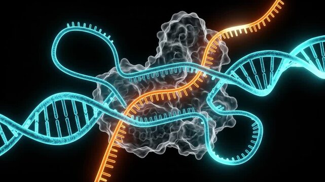 3D medical visualization of molecular scissors editing a glowing DNA double helix as a new mRNA strand weaves into the sequence, representing gene editing and genetic engineering.