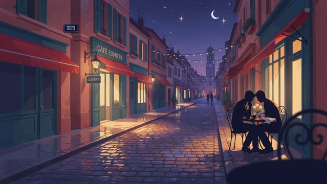 Romantic dinner date on a charming European cobblestone street at night cartoon illustration