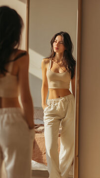 Young woman standing in front of a mirror in a modern bedroom  