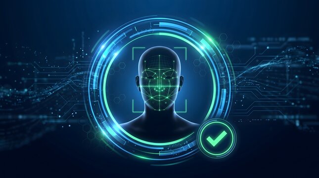 Biometric facial recognition system verifying identity on digital screen