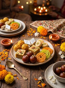 Traditional indian sweets and diyas arranged on a rustic wooden table for diwali festival celebration