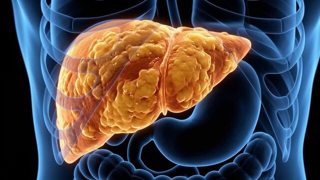 3D medical animation of a human liver engulfed in yellow adipose tissue throbbing slowly, illustrating non alcoholic fatty liver disease NAFLD and metabolic stress on internal organs.