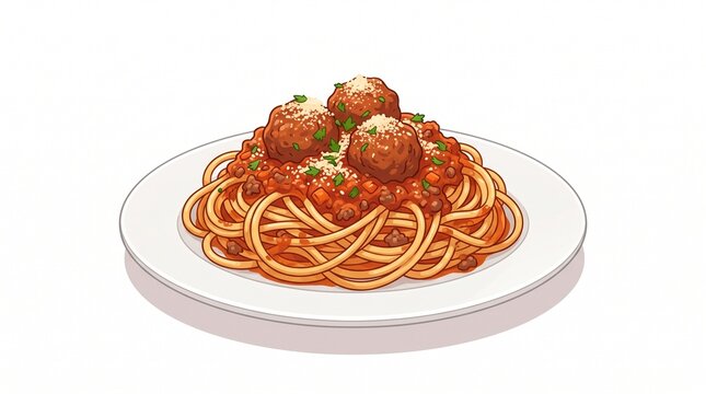 Spaghetti Bolognese with Meatballs on White Plate Illustration Isolated on White Background