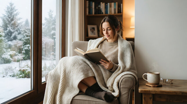 Young woman finding peace and comfort while reading a book by the window on a snowy winter day