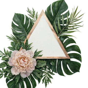 Frame triangle flowers monstera leaves isolated on a transparent background for wedding invitation design with elegant copy space