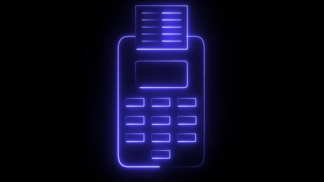 A blue glowing neon-style icon of a point-of-sale (POS) payment terminal with a printed receipt.
