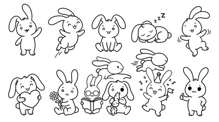 Obraz premium Cute Kawaii White Bunny Rabbit Cartoon Characters in Various Poses Vector Set