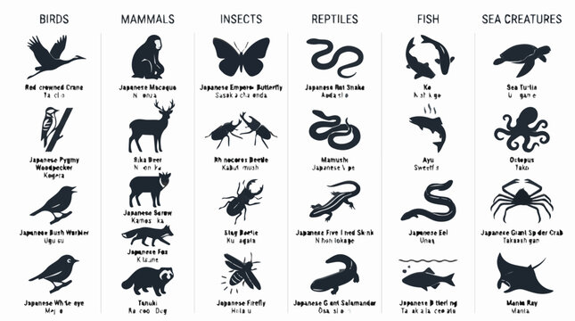 Minimalist Japanese Animal 3D Silhouette Icons with Species Labels Vector Set