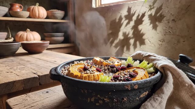 Roasted squash rings, grains, cranberries and celery layered in a dark earthen casserole, warmed by window light inside an old country kitchen with wooden shelves, pottery and autumn produce
