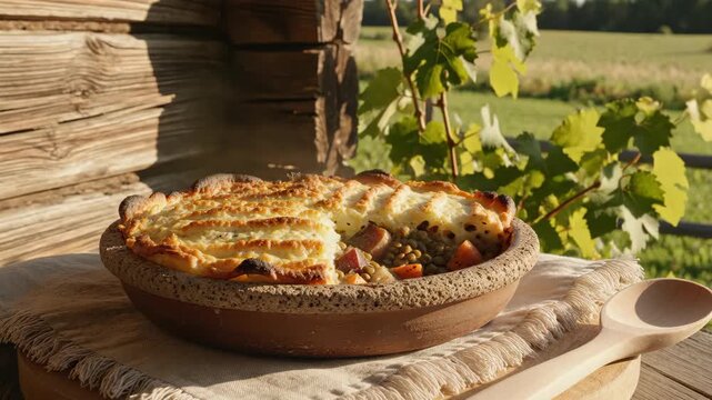 Lentil and root vegetable bake under a ridged golden mash crust, served in rough clay pottery on linen by a timber cabin, lit by late sun for a comforting countryside supper scene at harvest