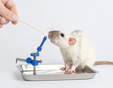 Laboratory Mouse Interaction with Straw on Clean Metal Tray for Scientific Research Study