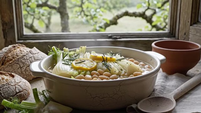 White bean and fennel braise with lemon and rosemary in a pale ceramic casserole, steaming beside crusty bread and linen at an orchard window with gentle daylight and quiet farmhouse charm indoors